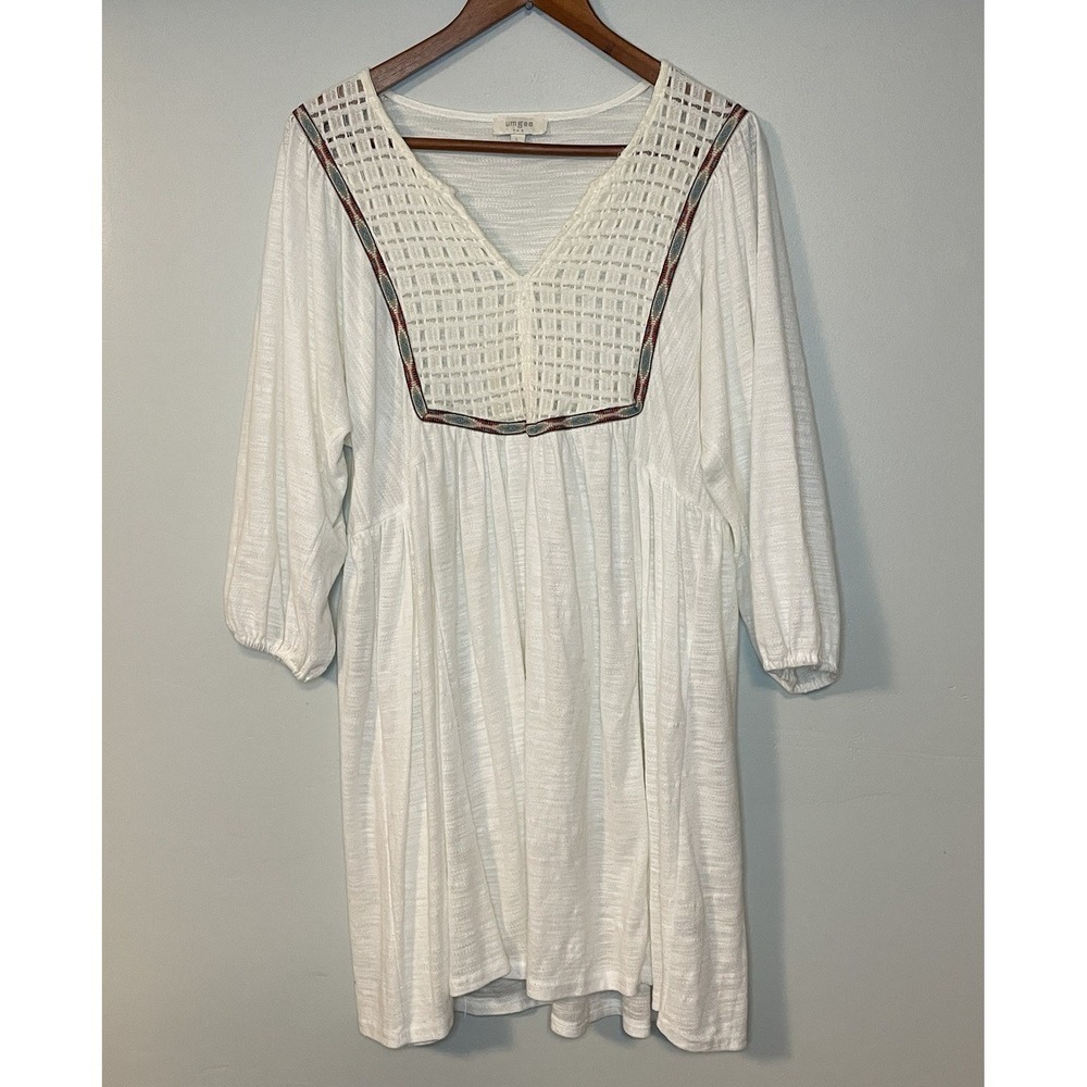 Umgee Size L Ivory Aztec Embroidered Boho Tunic Dress Flowy Festival